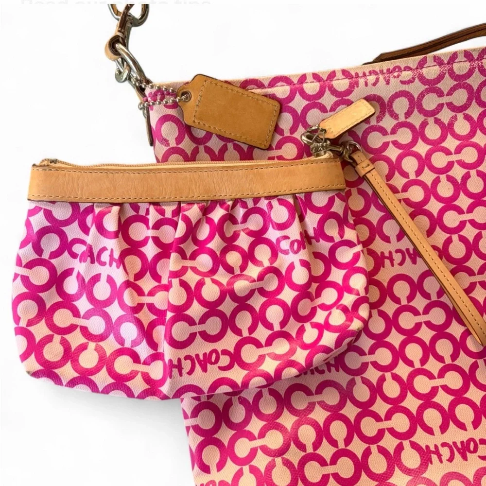 Coach Pink Signature C Monogram Hobo Shoulder Bag Wristlet Set Y2K Barbiecore